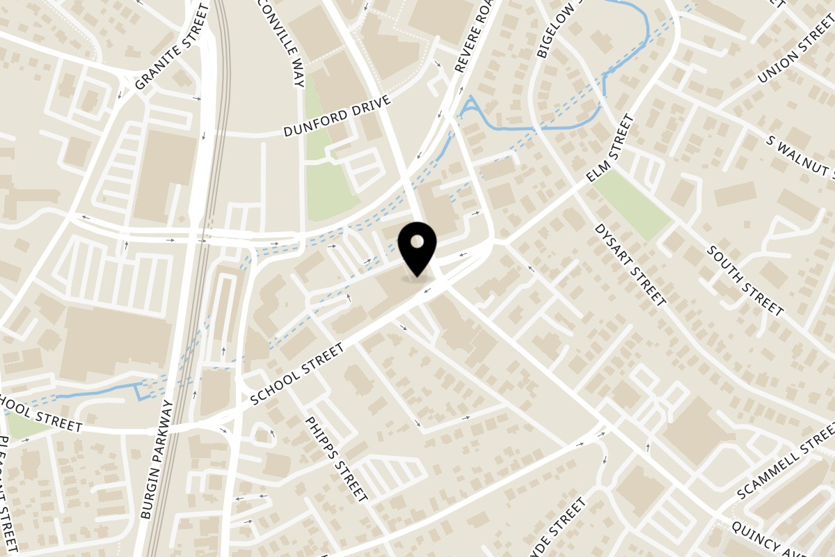 Map showing the location of Schoolhouse Pizza on 3 School St in Quincy